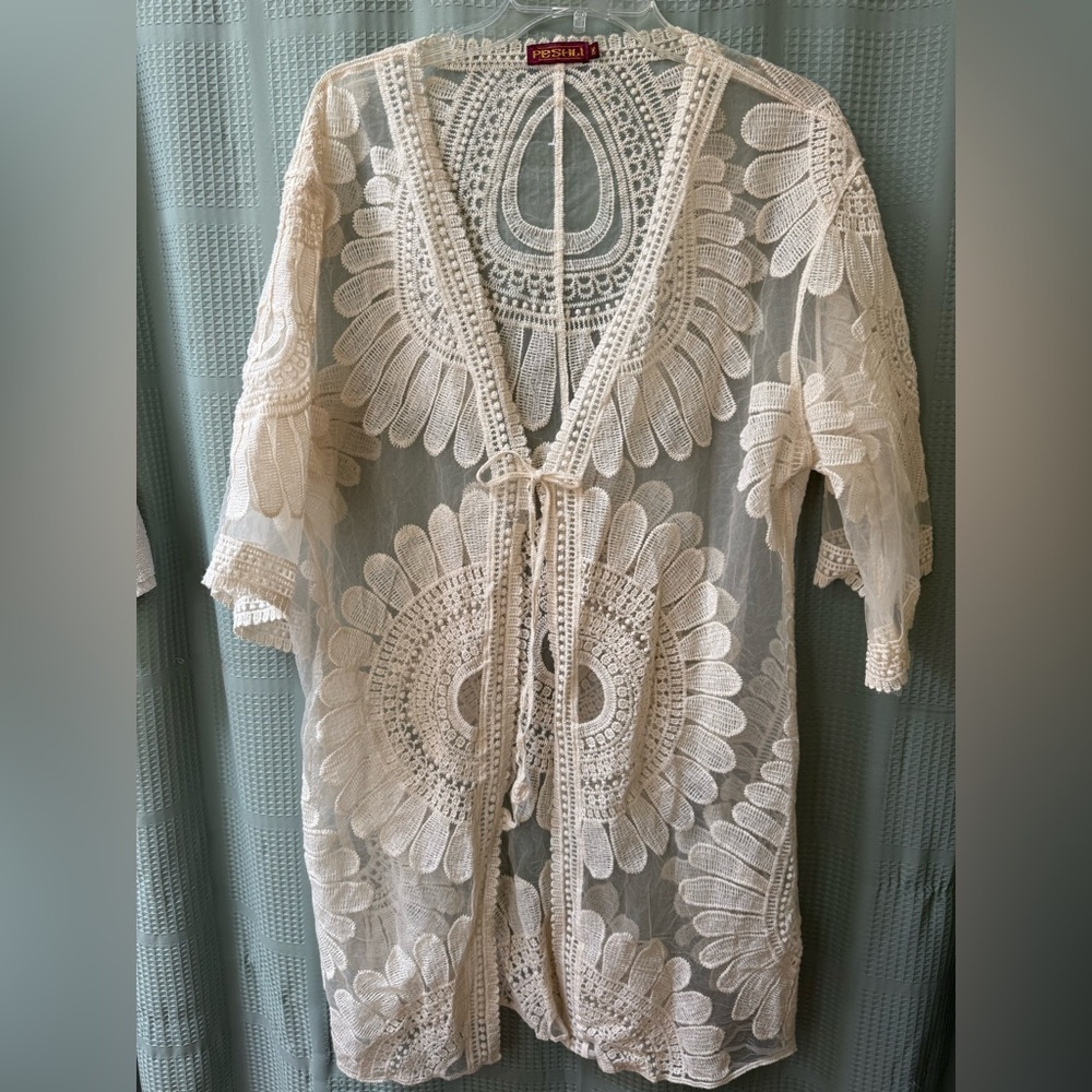 Cream Floral Lace Cover-Up Jacket Duster Womens Sz M Swimming Suit Cover